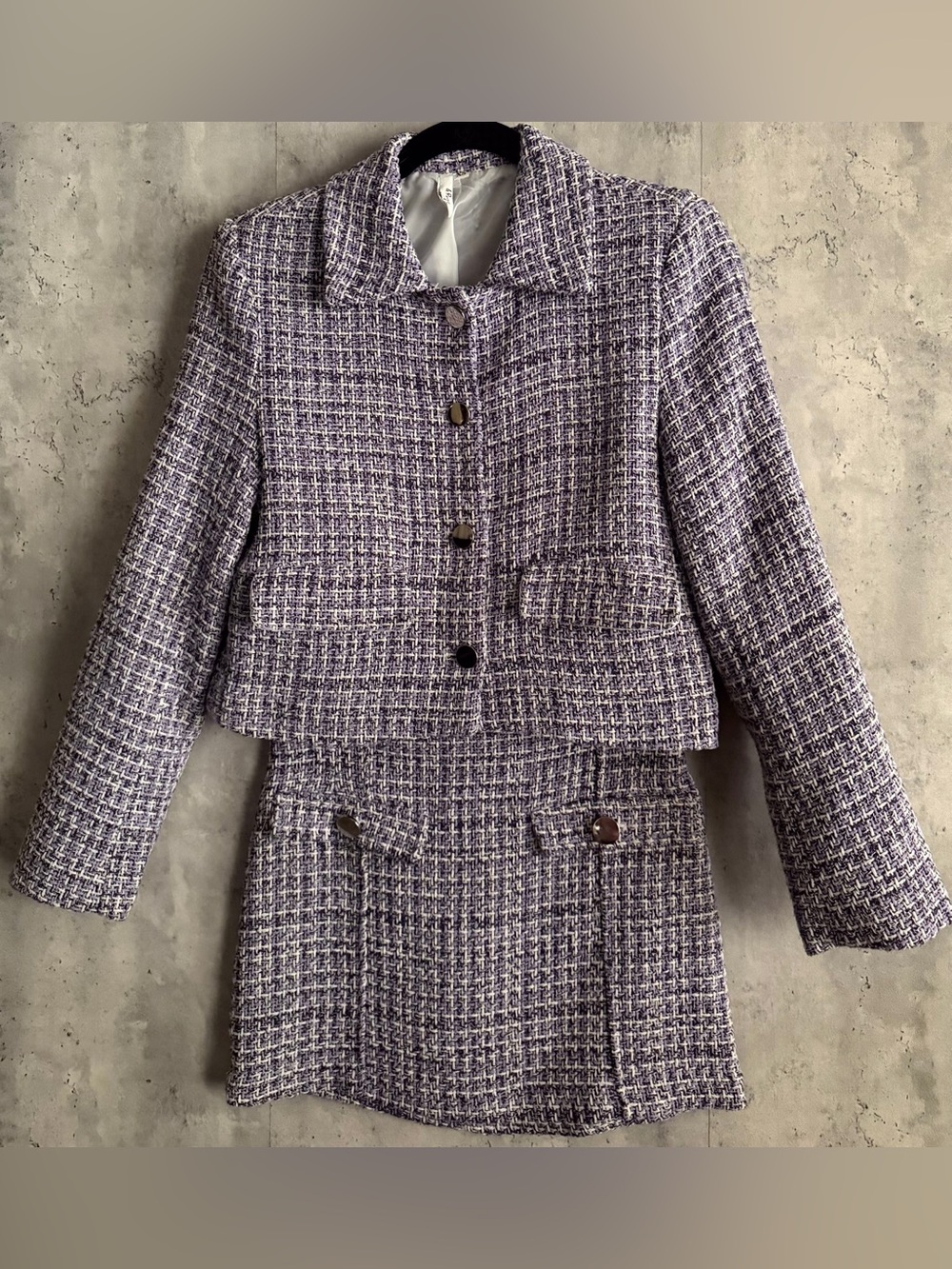 & Rouge Purple Tweed 2 Pc Skirt Set XS Cropped Blazer Jacket Mini Co-Ord Preppy